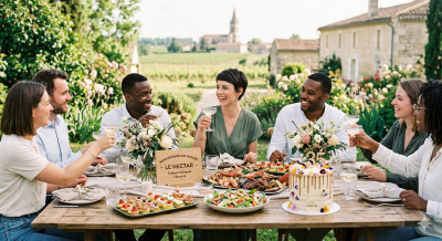 Groupe d'amis célébrant un anniversaire en extérieur à Libourne avec un buffet traiteur Le Nectar, comprenant un cocktail dînatoire et un gâteau personnalisé.