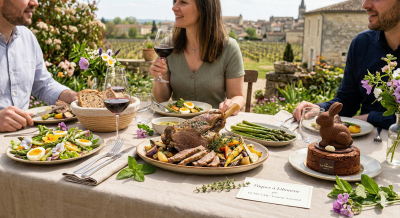 Famille dégustant un repas de Pâques à Libourne préparé par Le Nectar Traiteur, avec agneau de lait, asperges et gâteau chocolat. Vue sur les vignobles.